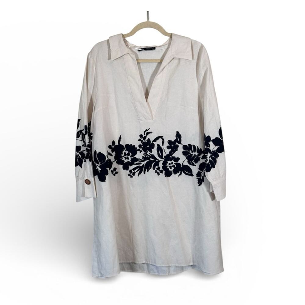 Zara White Black Tropical Floral Linen Shift Dress Womens XL Hawaiian Vacation